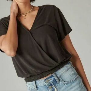 Lucky Brand Dusty Black Flutter Sleeve Surplice Top